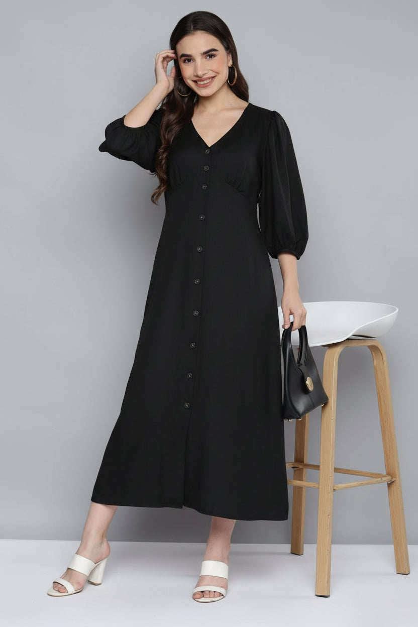 Scoup Women's black-v-neck-viscose-linen-dress