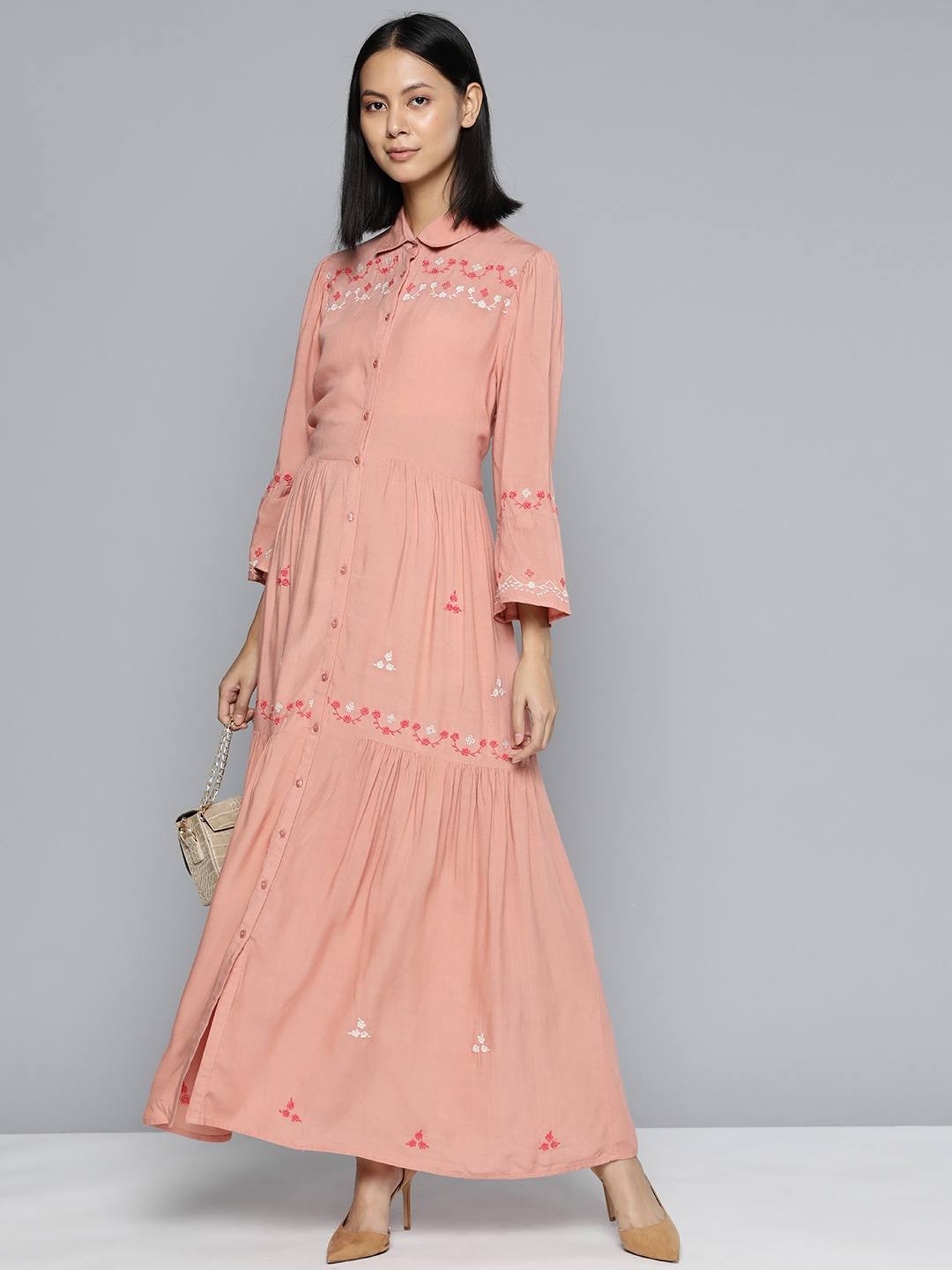Scoup Peach Embroidered Rayon Maxi Dress