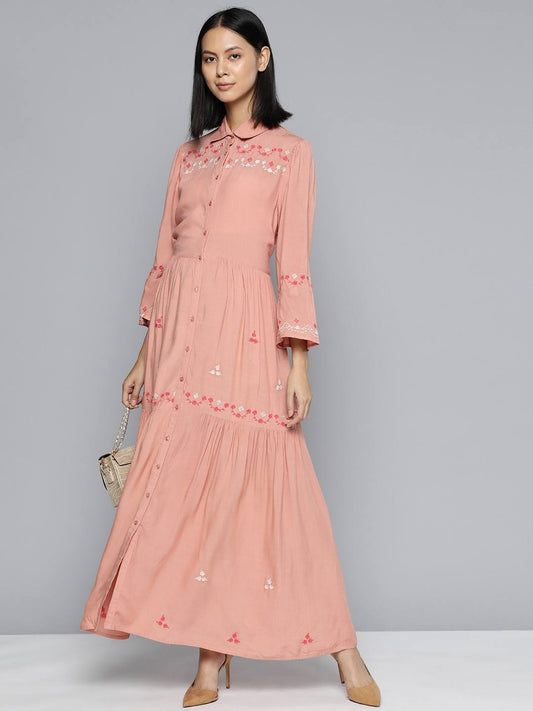 Scoup Peach Embroidered Rayon Maxi Dress