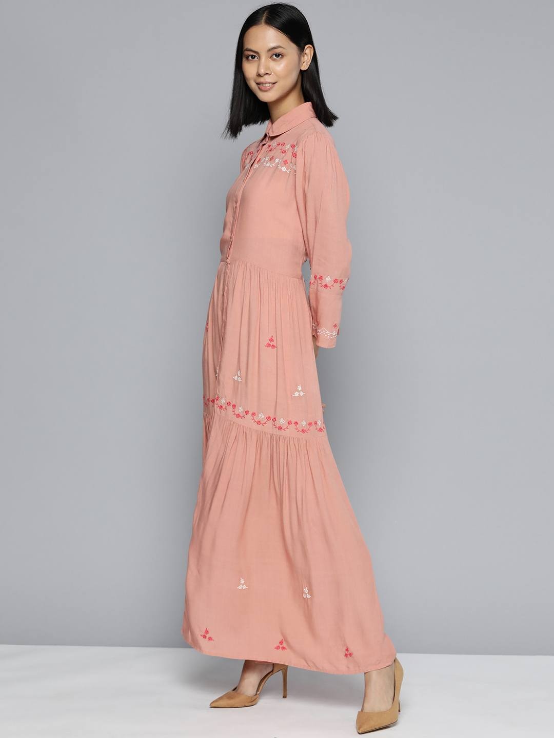 Scoup Peach Embroidered Rayon Maxi Dress