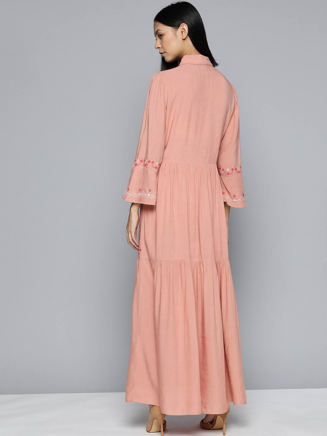 Scoup Peach Embroidered Rayon Maxi Dress
