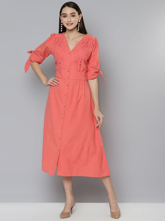 Scoup Coral Cutwork Embroidered Midi Dress