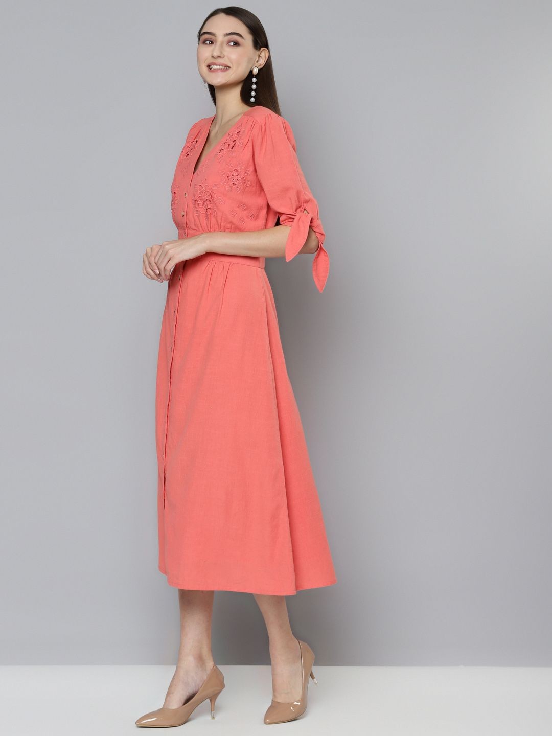 Scoup Coral Cutwork Embroidered Midi Dress