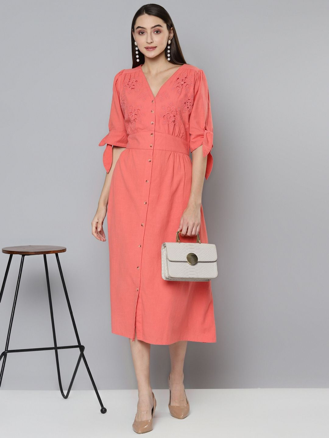 Scoup Coral Cutwork Embroidered Midi Dress