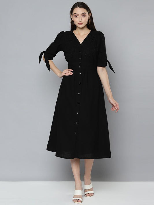 Scoup Black Cutwork Embroidered Midi Dress