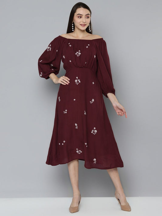 Scoup Maroon Embroidered A-Line Dress