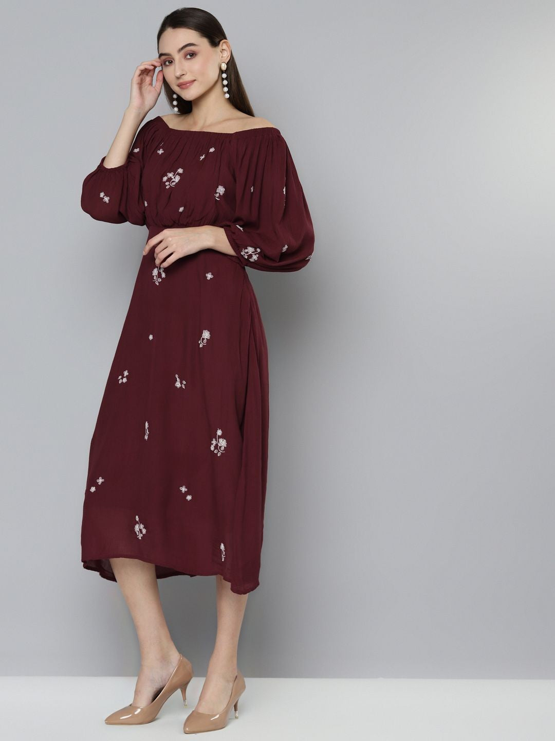 Scoup Maroon Embroidered A-Line Dress
