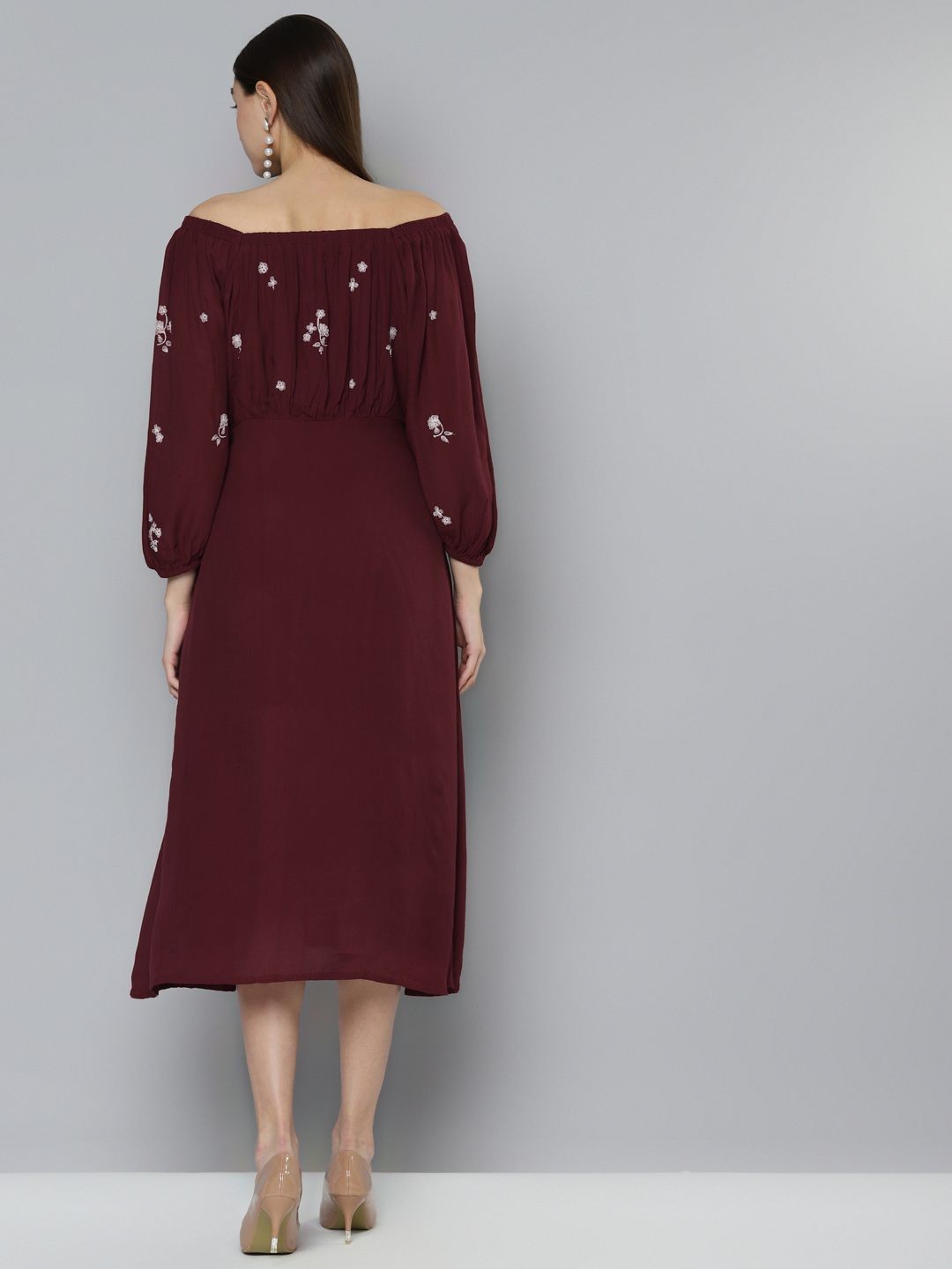 Scoup Maroon Embroidered A-Line Dress