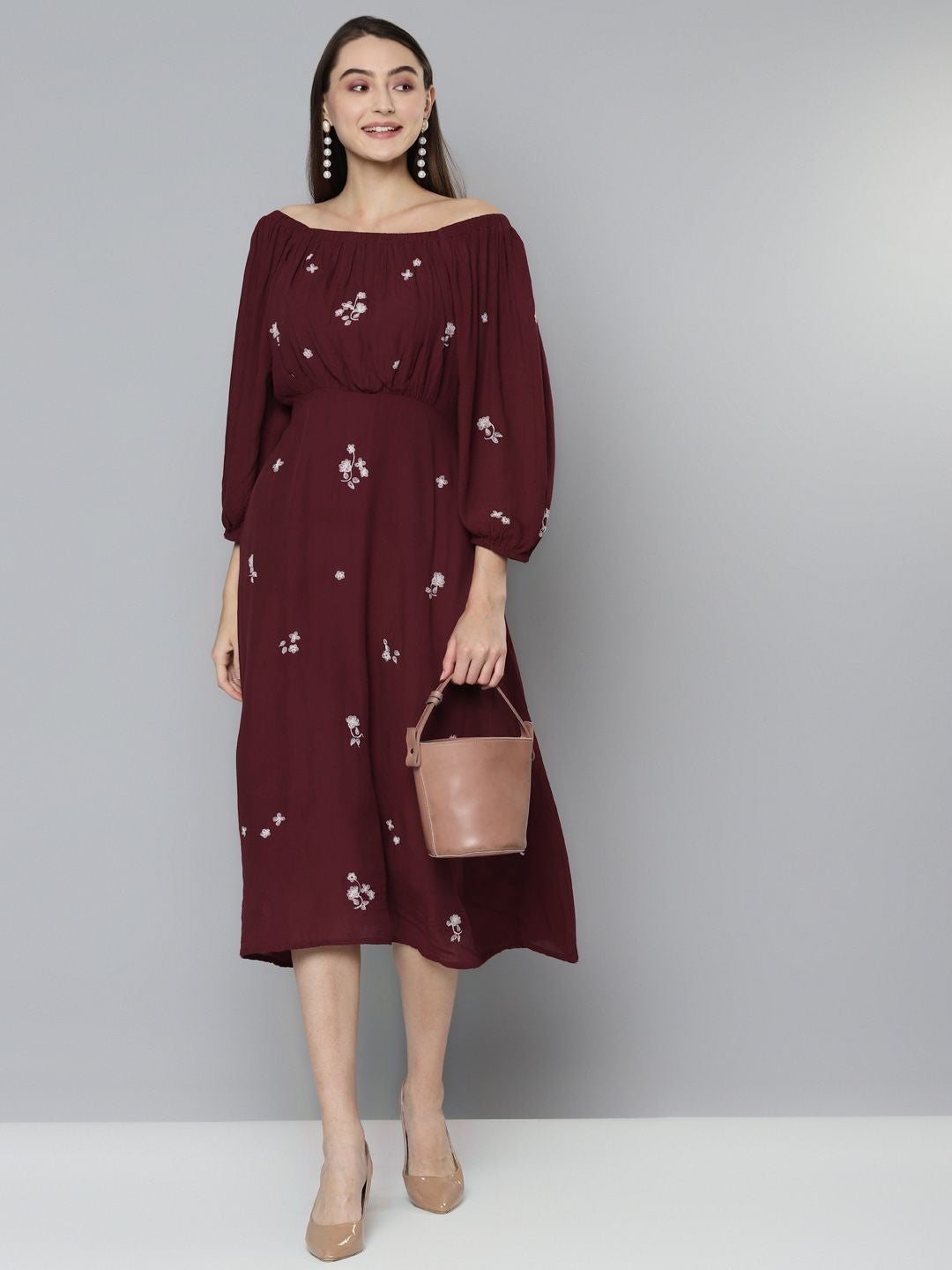 Scoup Maroon Embroidered A-Line Dress