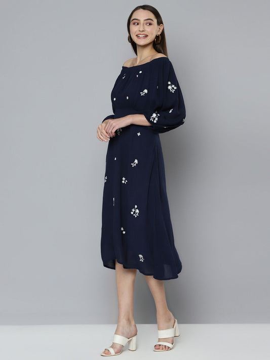 Scoup Navy Blue Embroidered A-Line  Dress