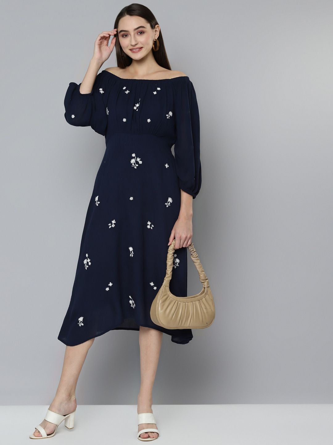 Scoup Navy Blue Embroidered A-Line  Dress