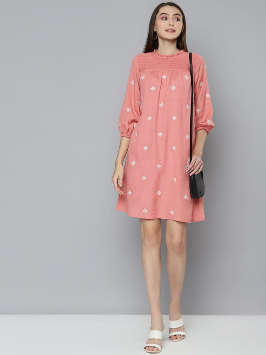 Scoup Peach Embroidered Knee length Dress