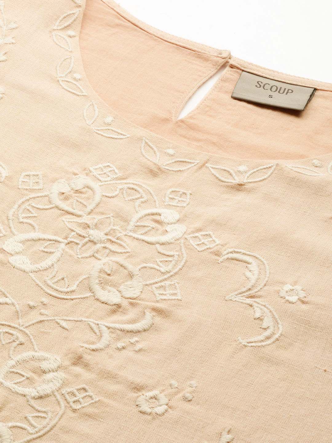 Scoup Beige Embroidered Cotton Linen Dress