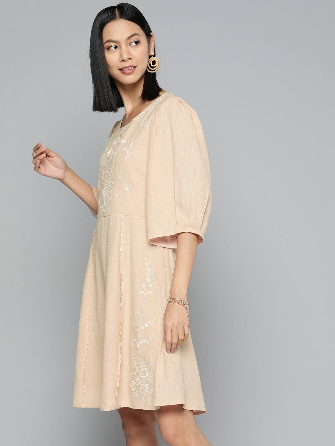 Scoup Beige Embroidered Cotton Linen Dress