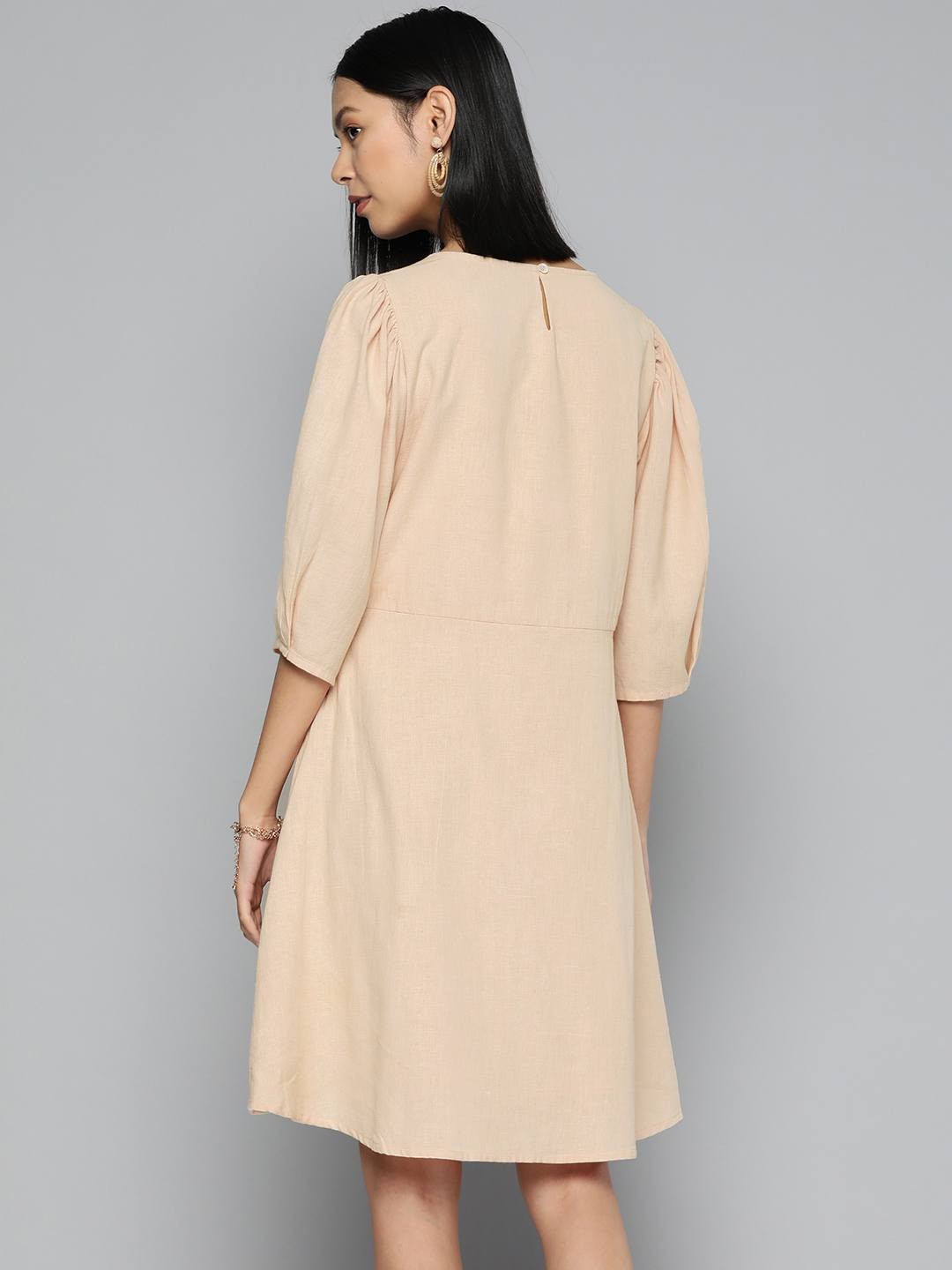 Scoup Beige Embroidered Cotton Linen Dress