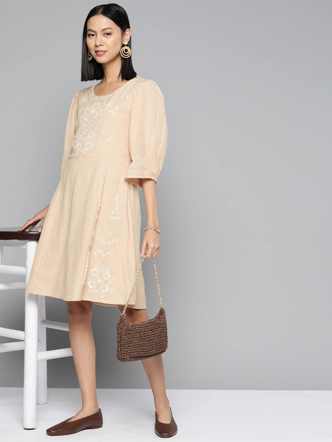 Scoup Beige Embroidered Cotton Linen Dress