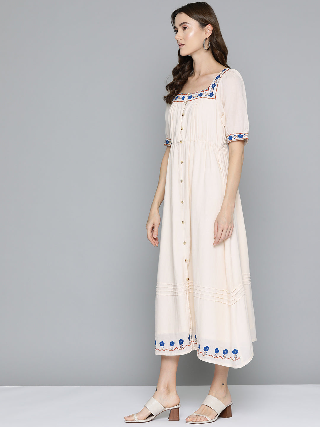 Cream Embroidered Midi Dress