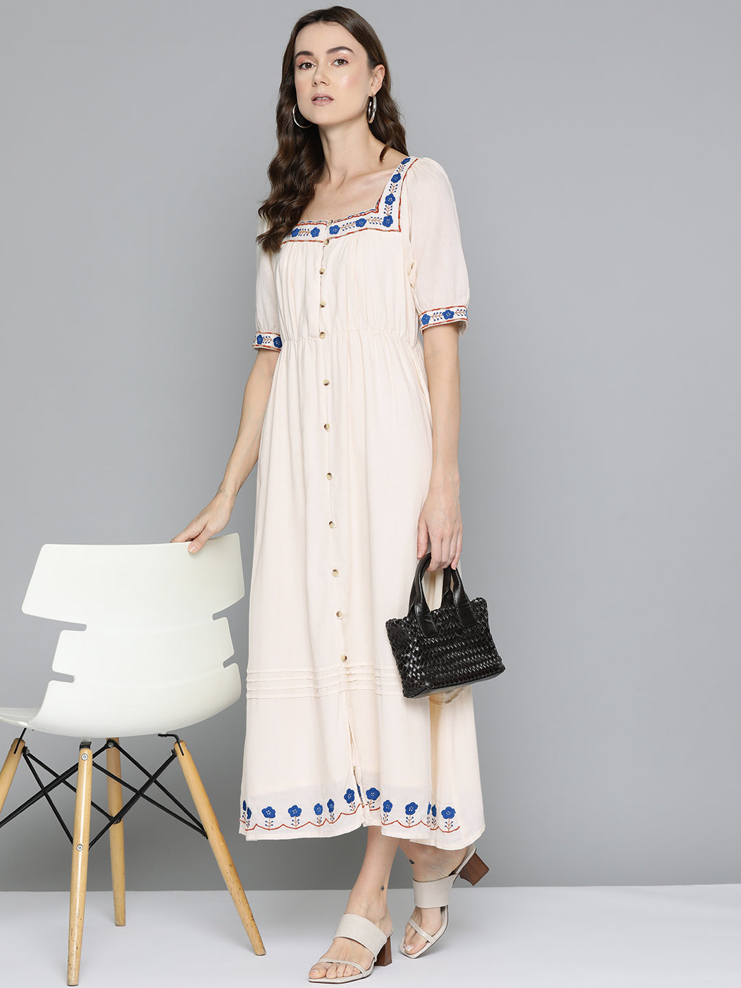 Cream Embroidered Midi Dress