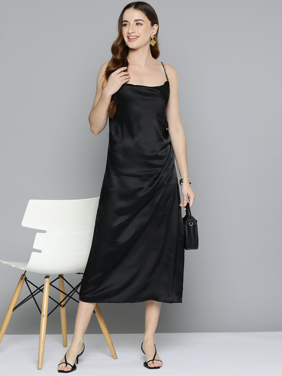 Black Cowl Neckline Satin Dress
