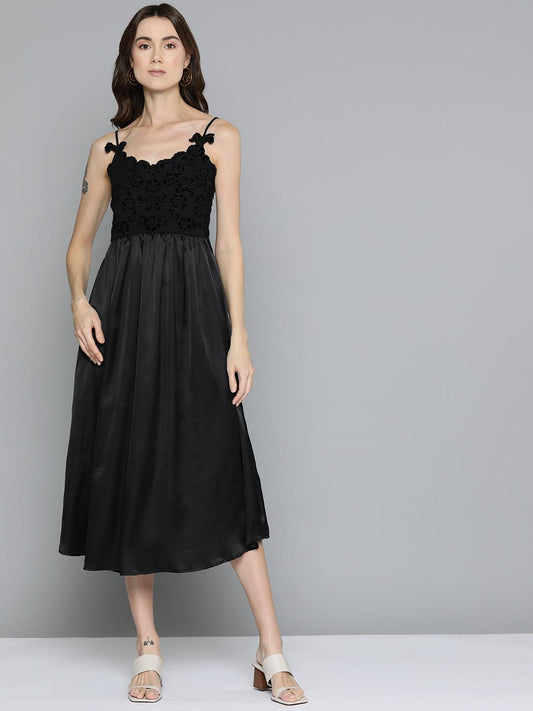 Scoup Black Velvet Applique Embroidered Dress