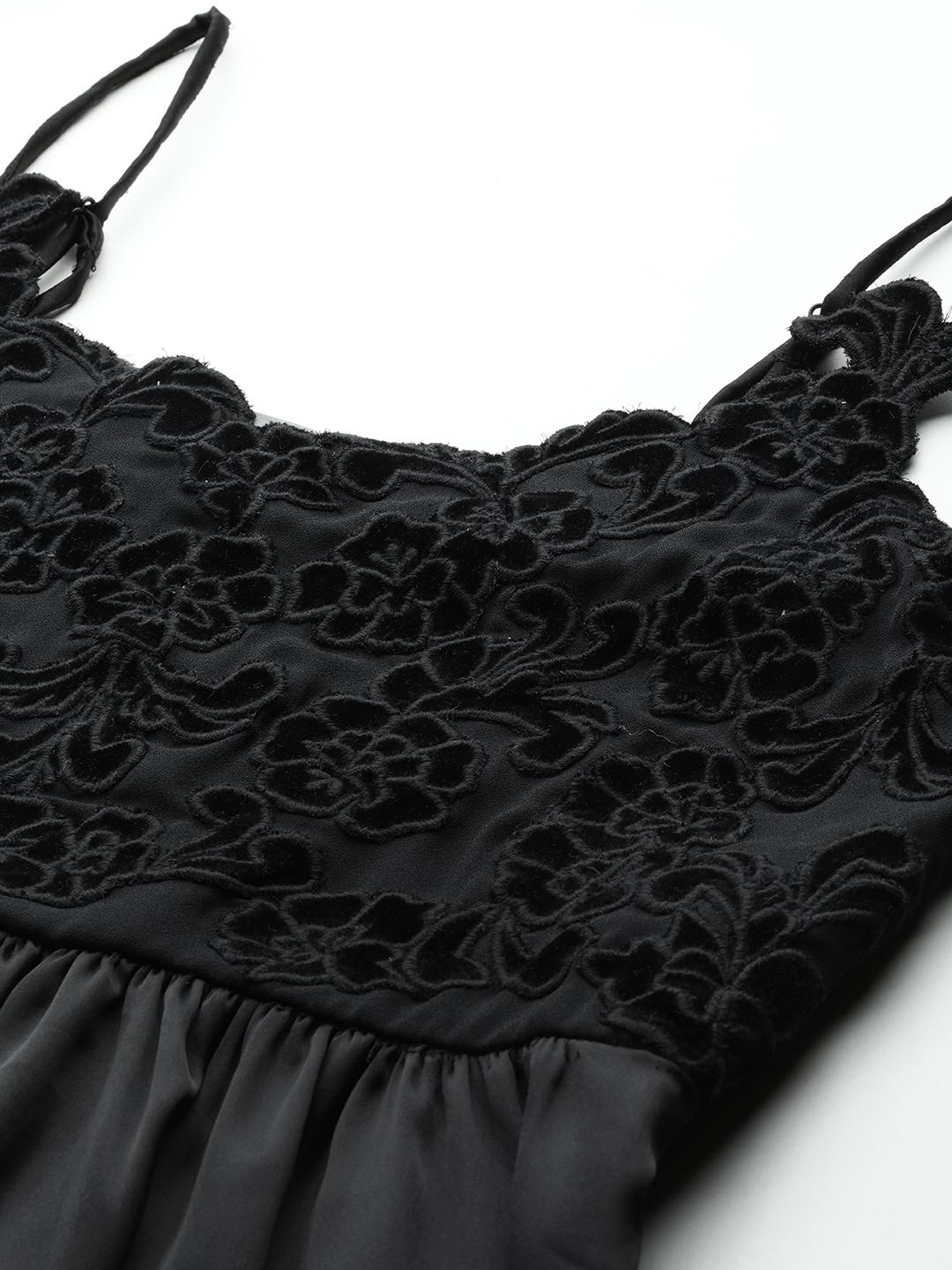 Scoup Black Velvet Applique Embroidered Dress