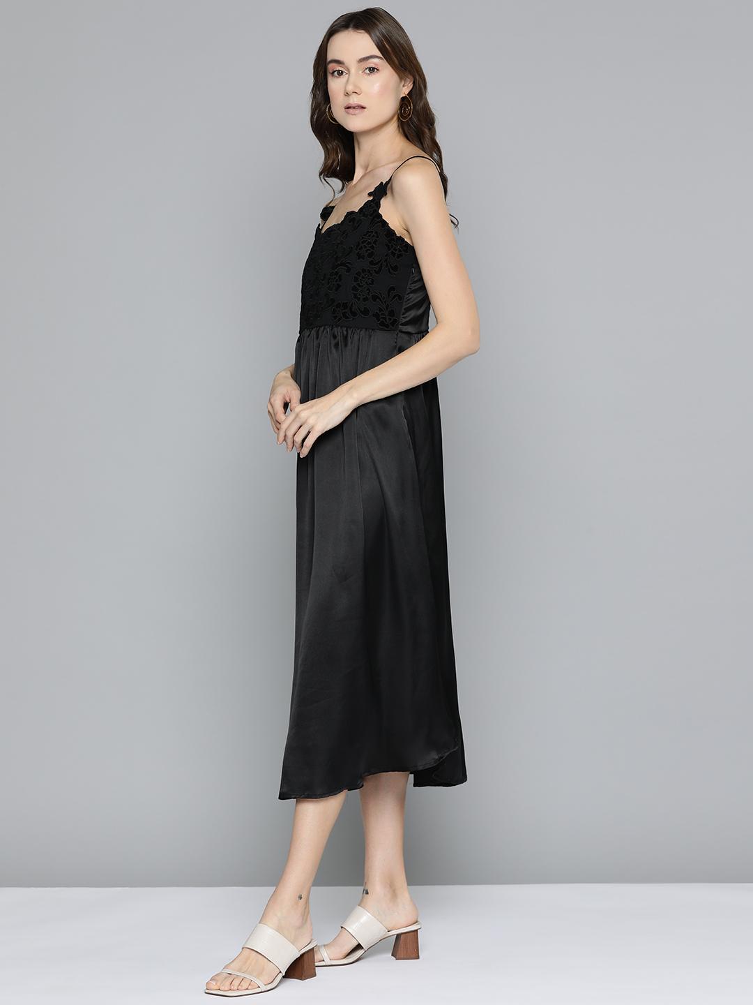 Scoup Black Velvet Applique Embroidered Dress