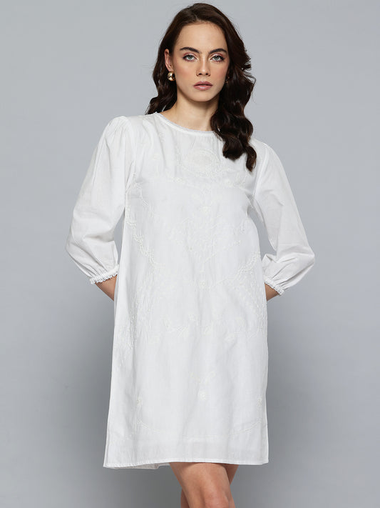 White Floral Embroidered Shift Mini Dress