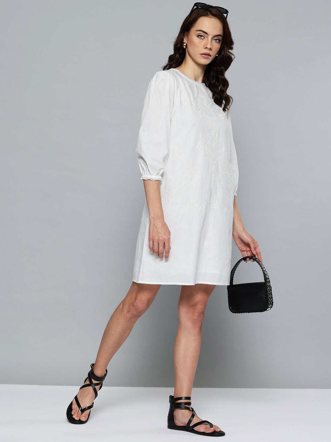 White Floral Embroidered Shift Mini Dress