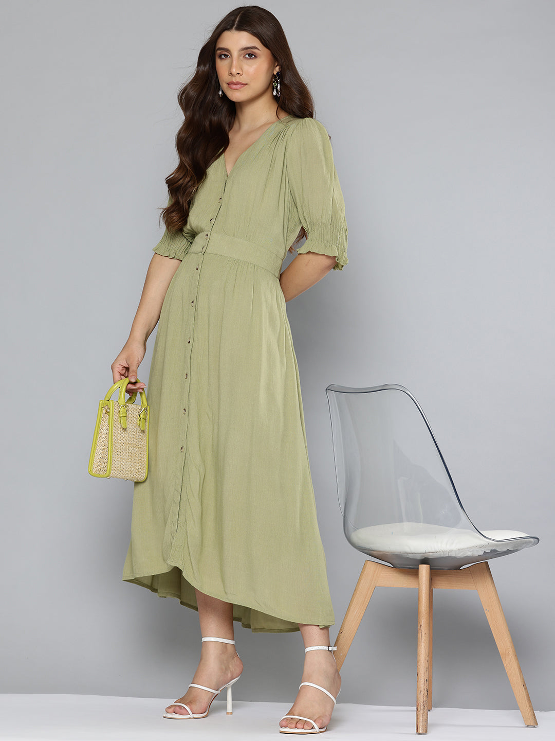 Pintuck details green long dress