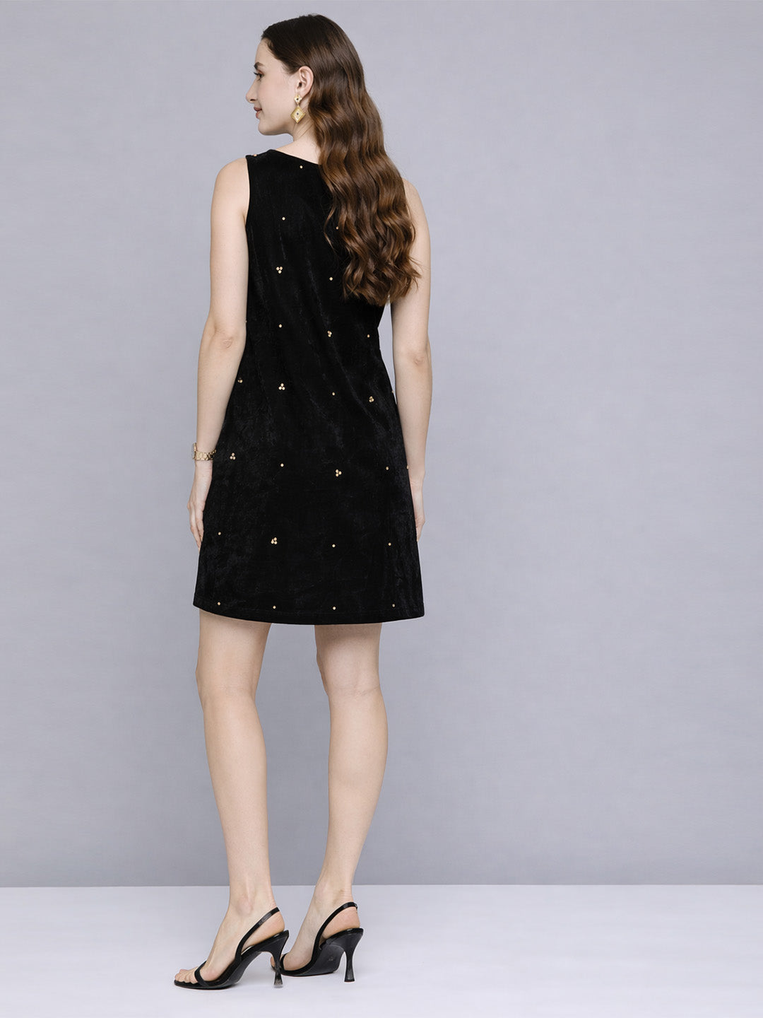 Black Embellished Velvet Short Dress