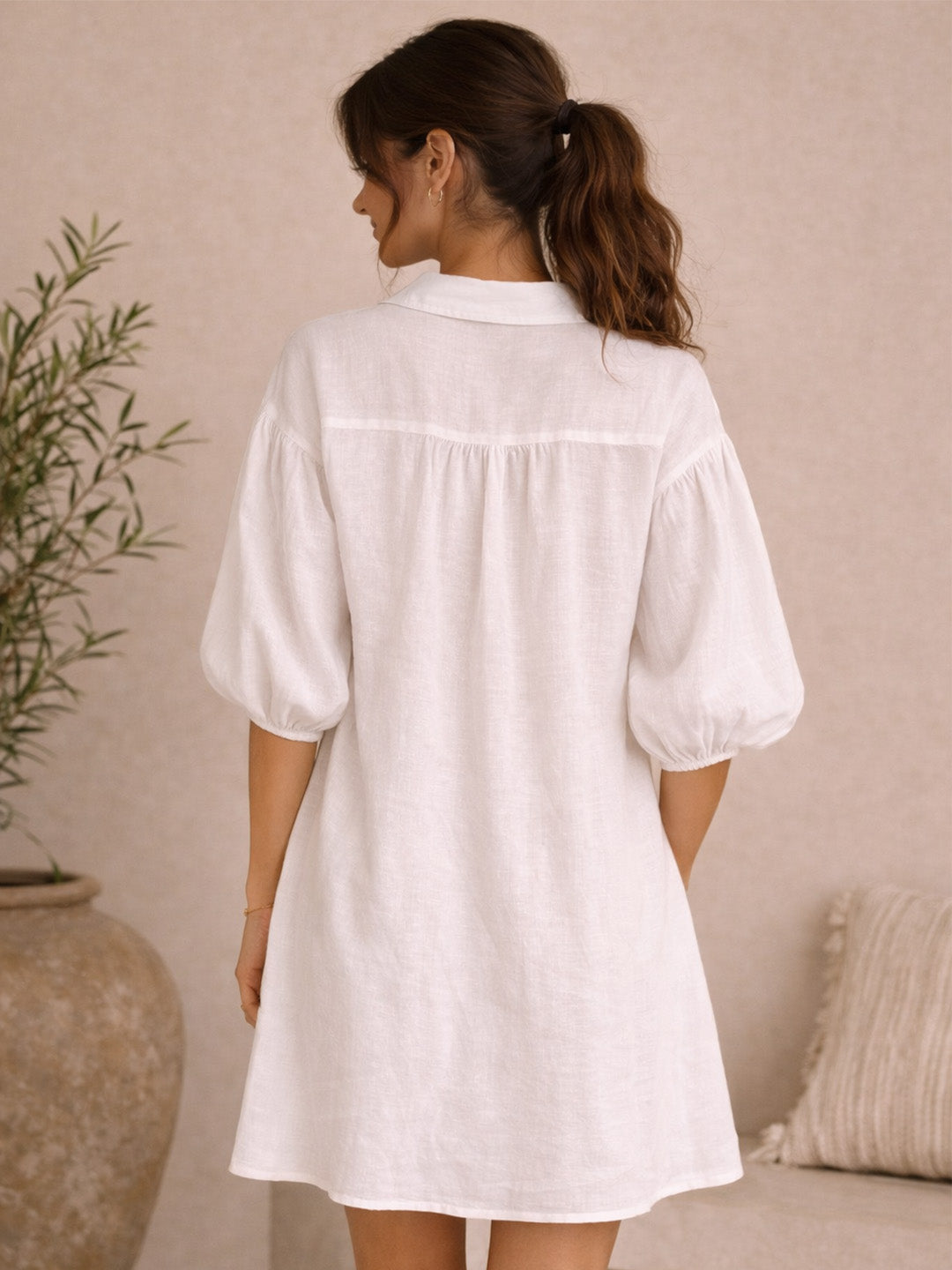 Linen Blend White Dress