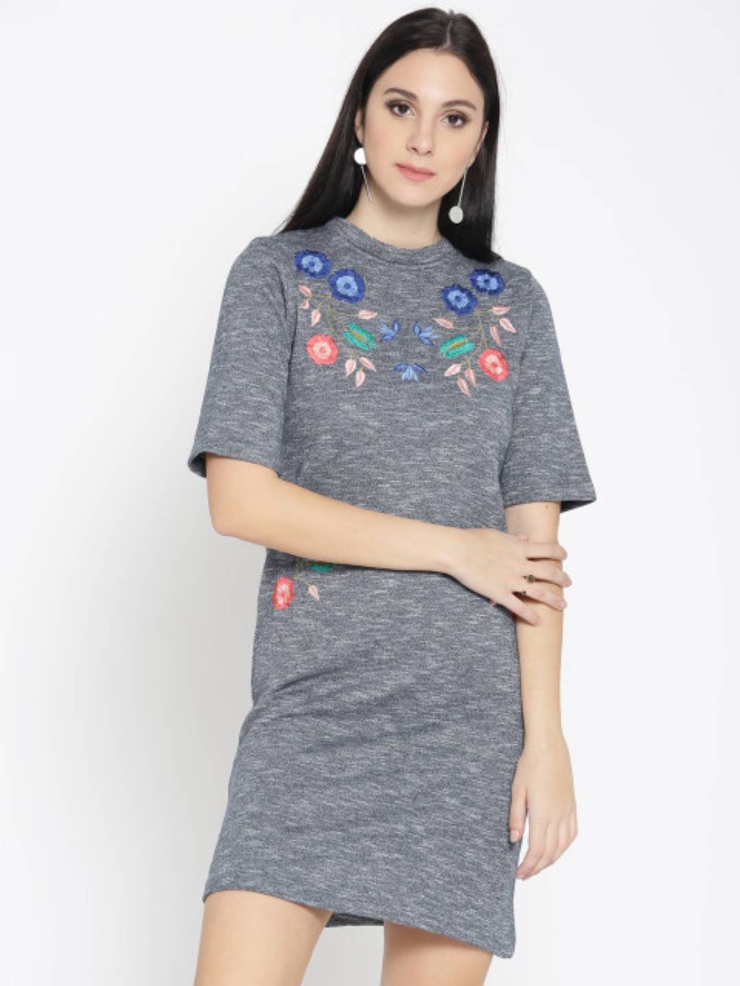 Women Grey Front Embroidered Dress