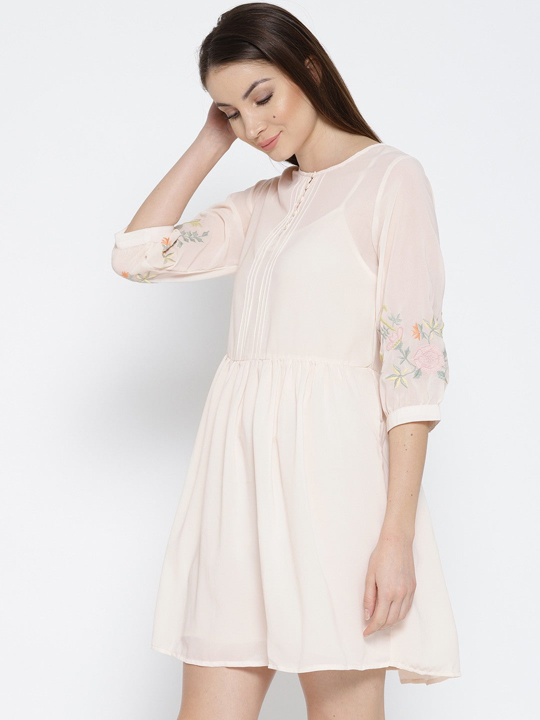 Women Peach Coloured Sheer A- Line Dress