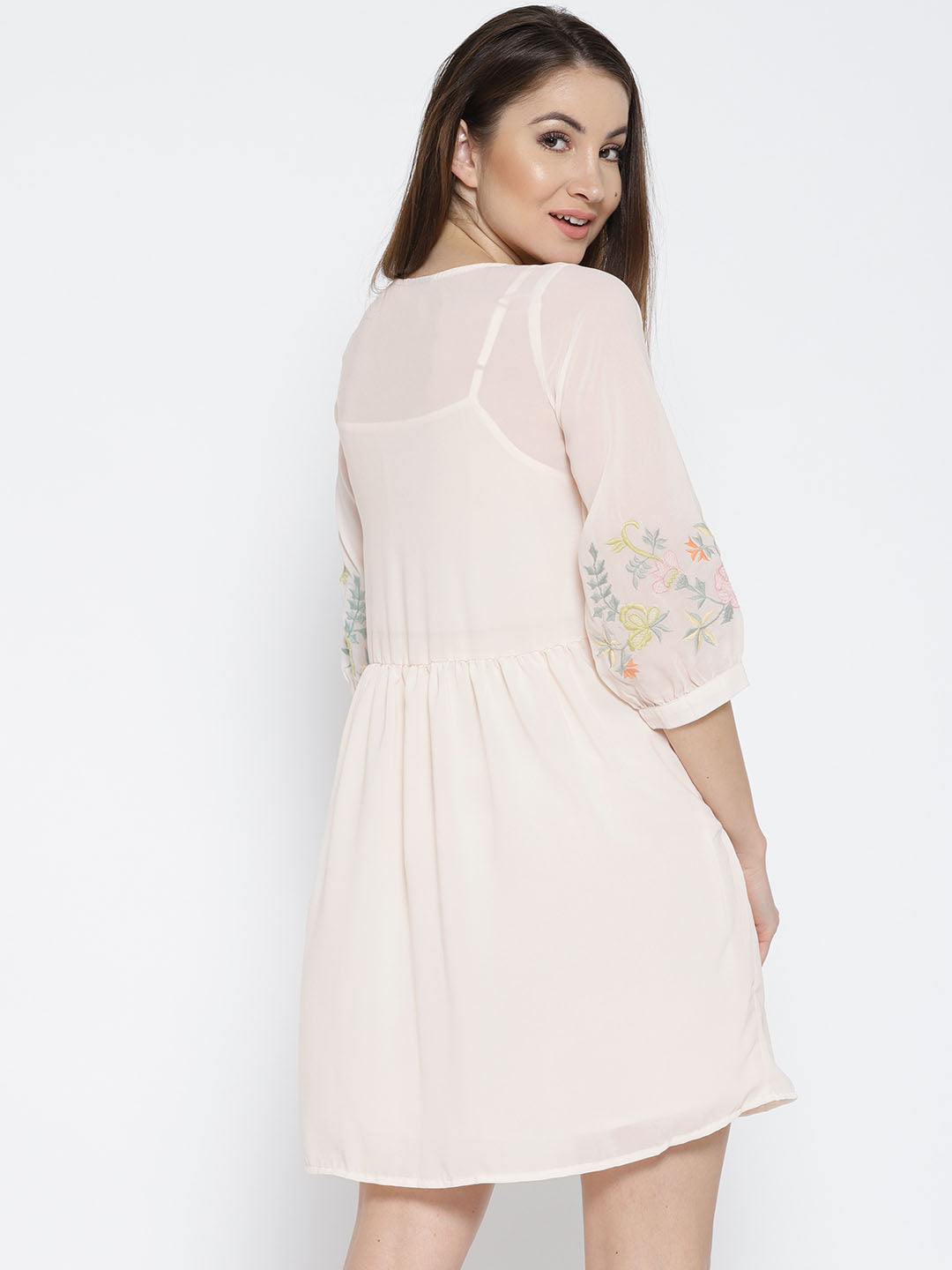 Women Peach Coloured Sheer A- Line Dress