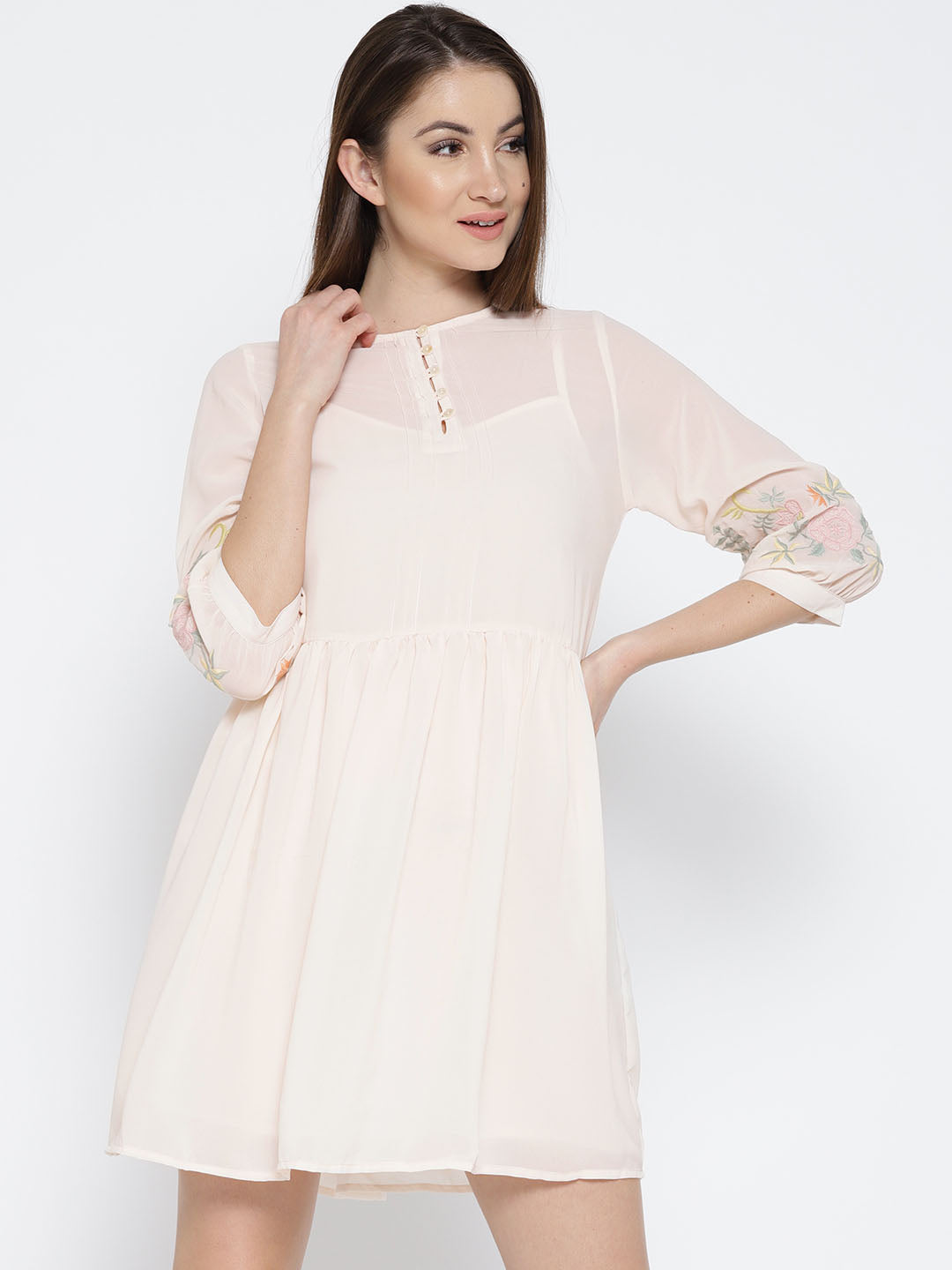 Women Peach Coloured Sheer A- Line Dress