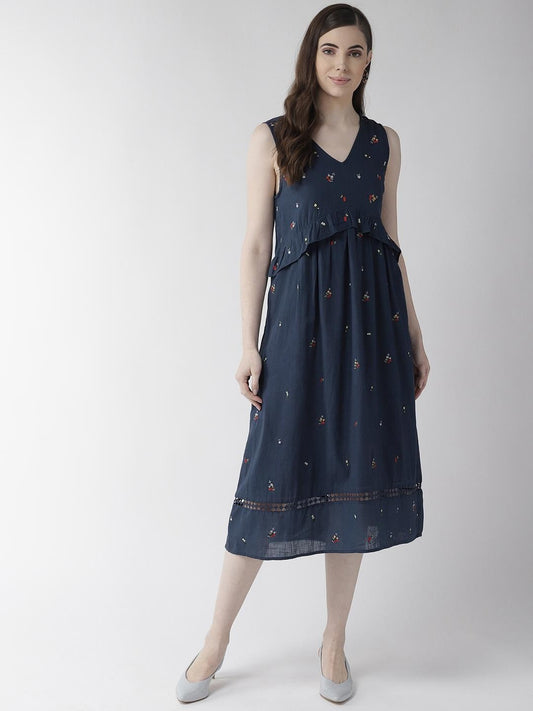 Scoup Navy Blue Sleeveless Embroidered Dress
