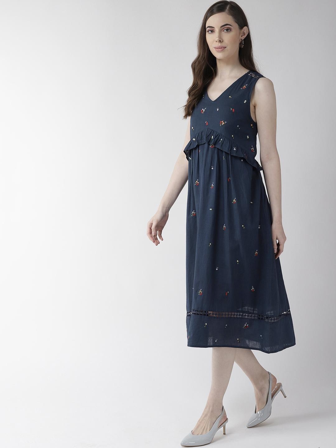 Scoup Navy Blue Sleeveless Embroidered Dress