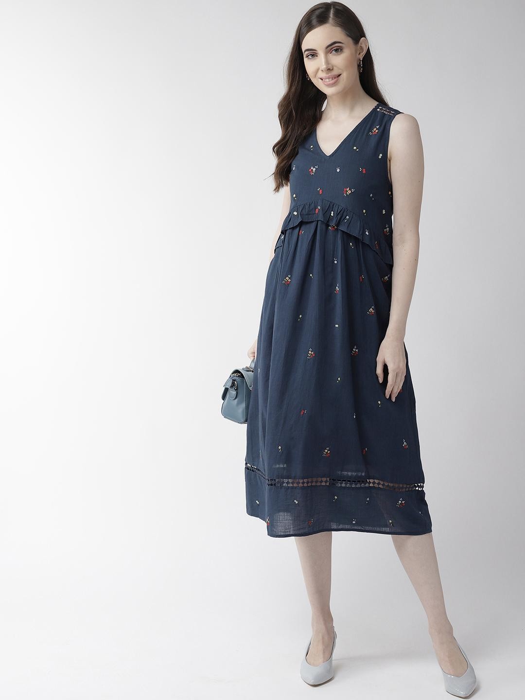 Scoup Navy Blue Sleeveless Embroidered Dress