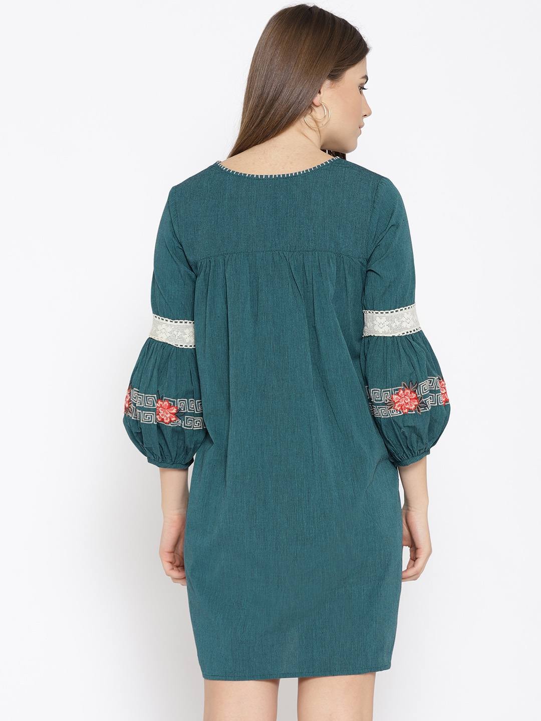 Women Teal Blue Solid A-line Dress