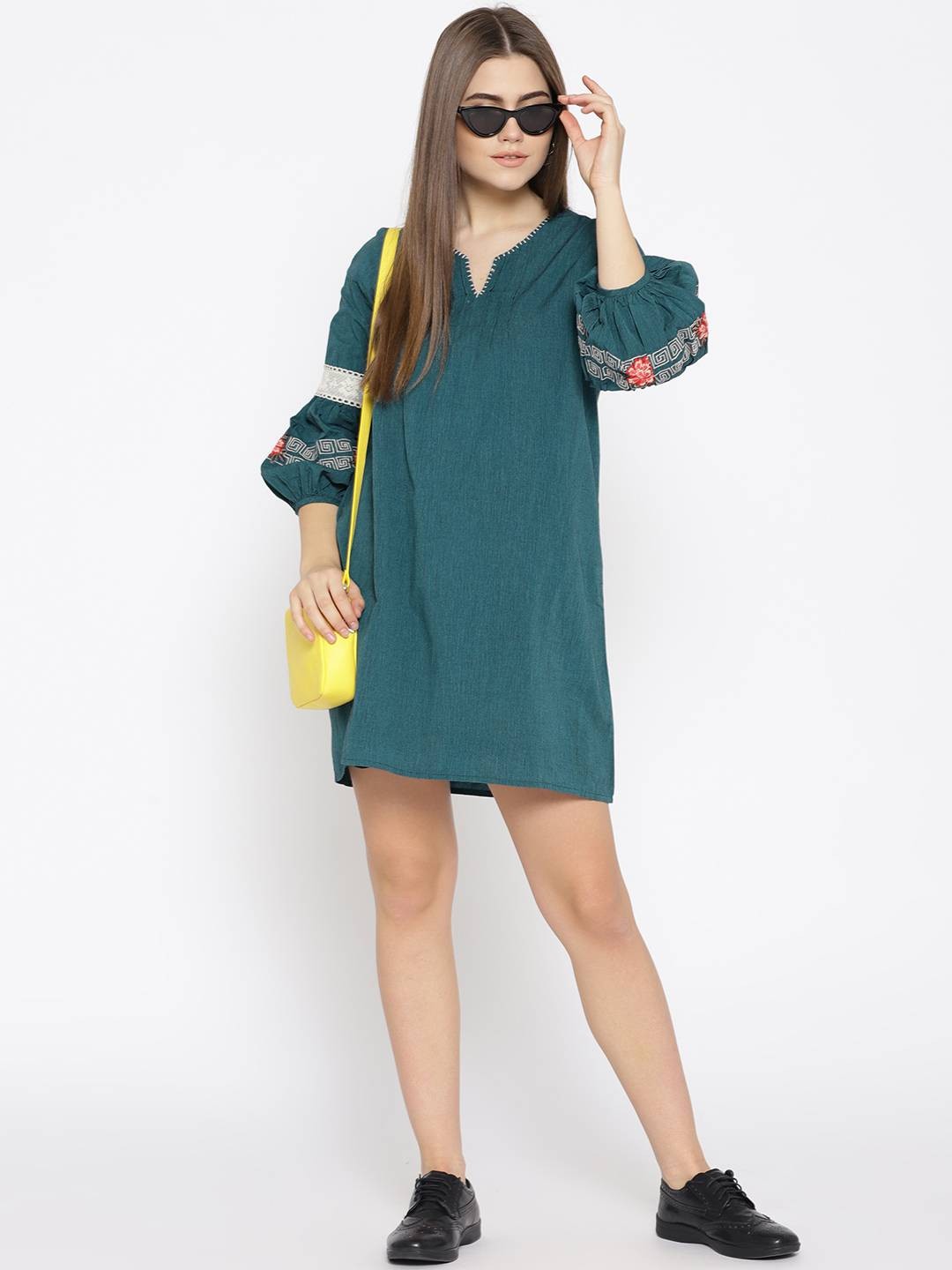 Women Teal Blue Solid A-line Dress