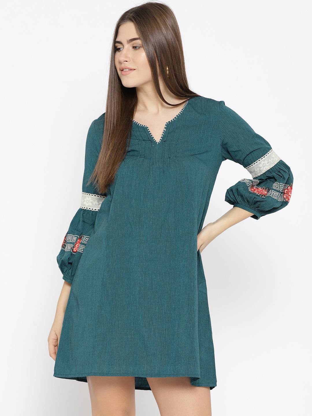 Women Teal Blue Solid A-line Dress