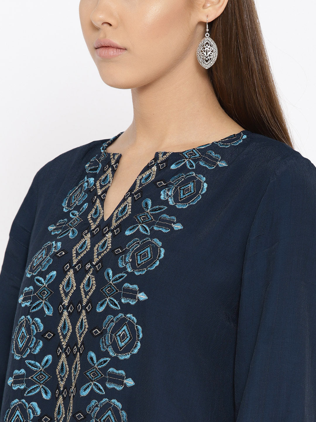 Scoup Women Navy Blue Embriodered Fit and Flare Dress