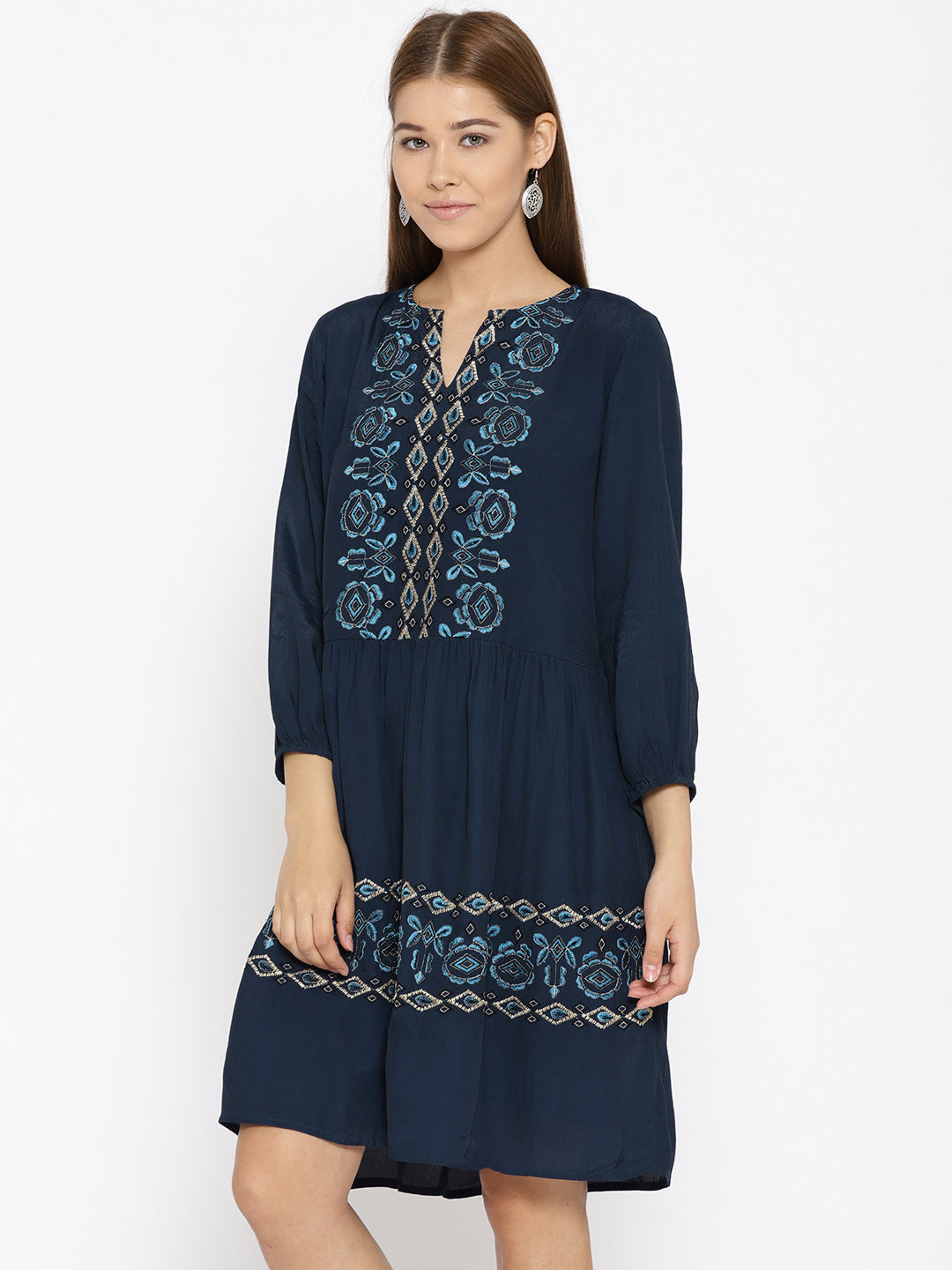 Scoup Women Navy Blue Embriodered Fit and Flare Dress