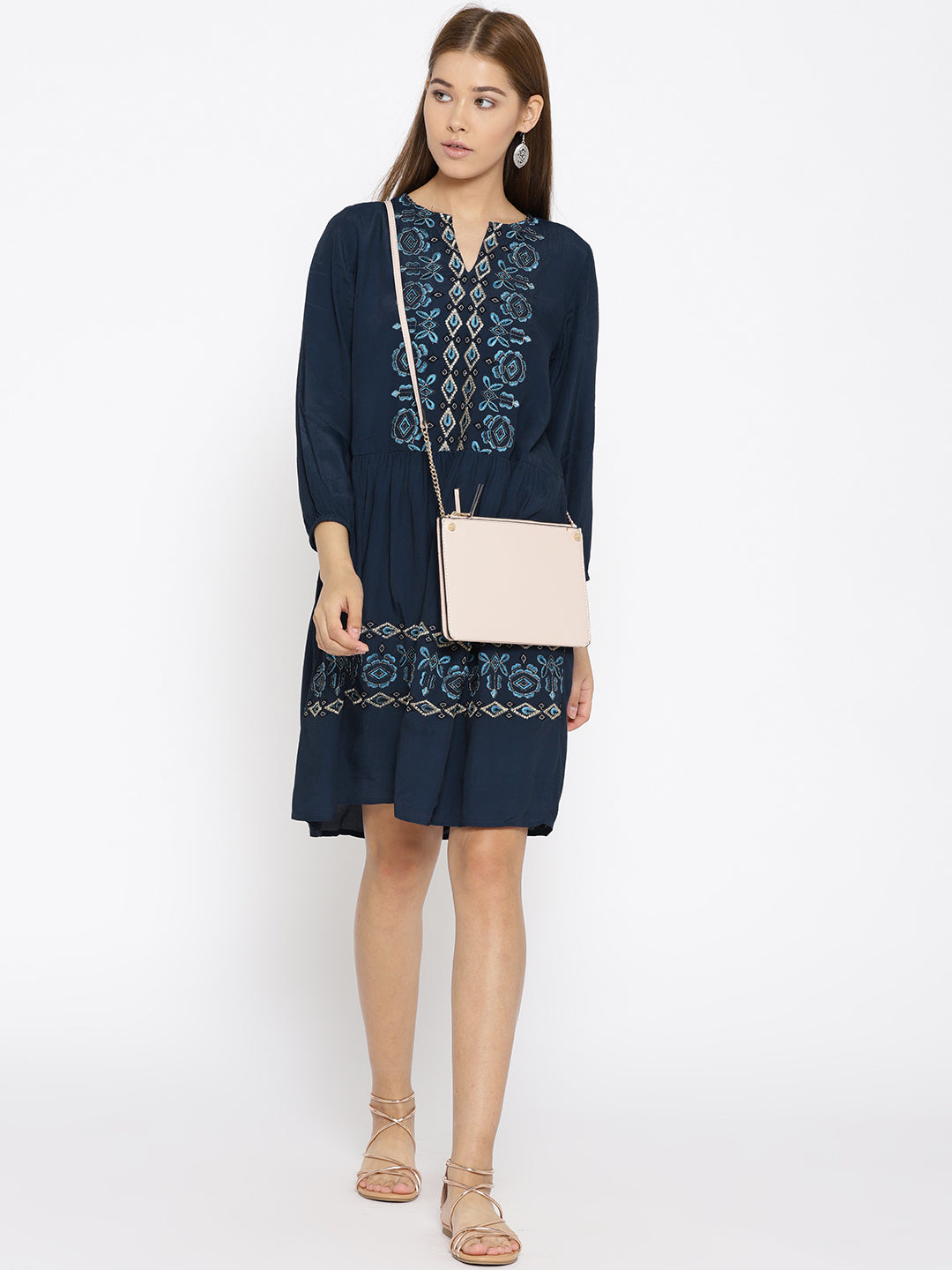Scoup Women Navy Blue Embriodered Fit and Flare Dress