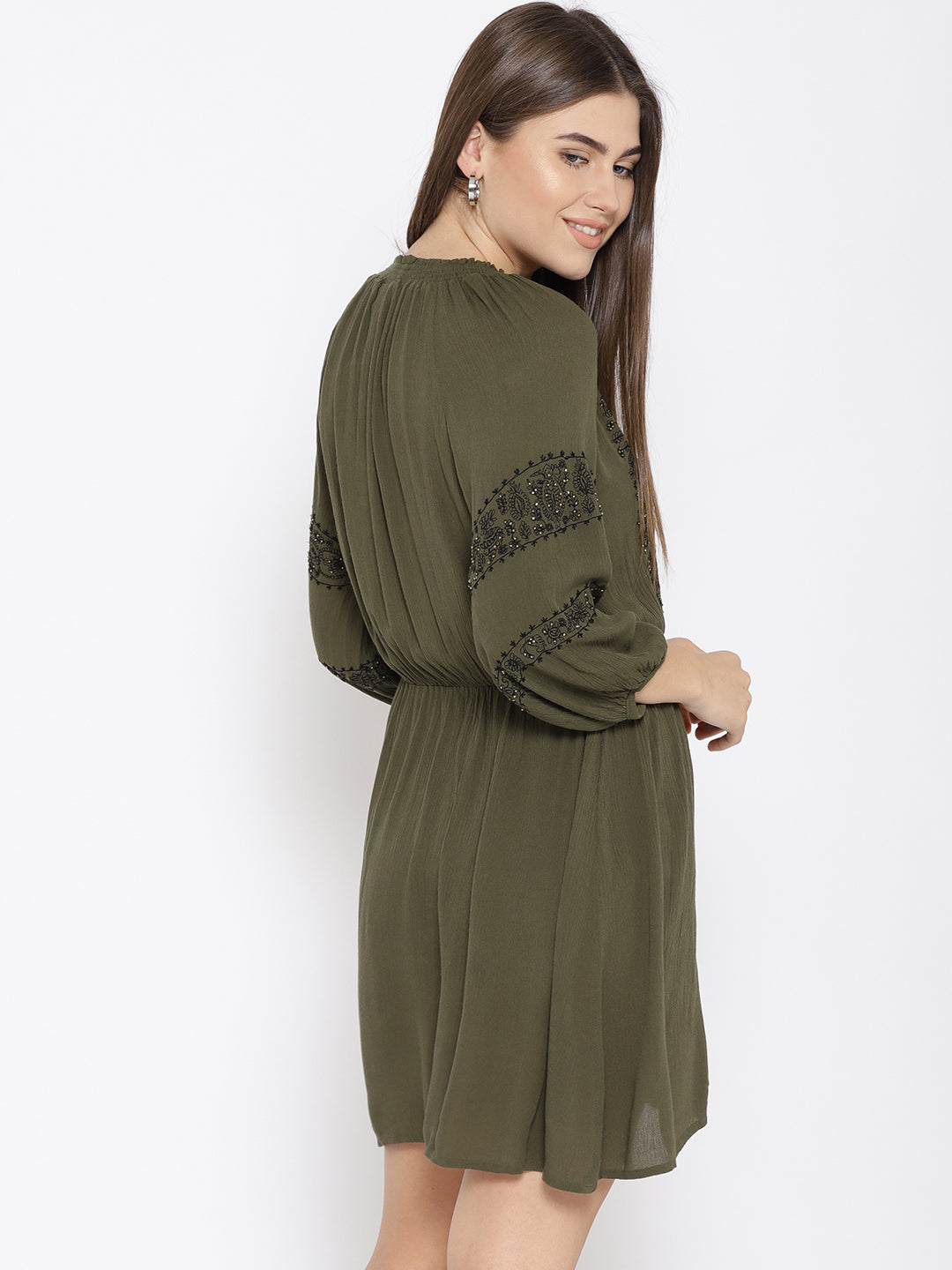 Scoup Women Olive Green Self Design A-Line Dress
