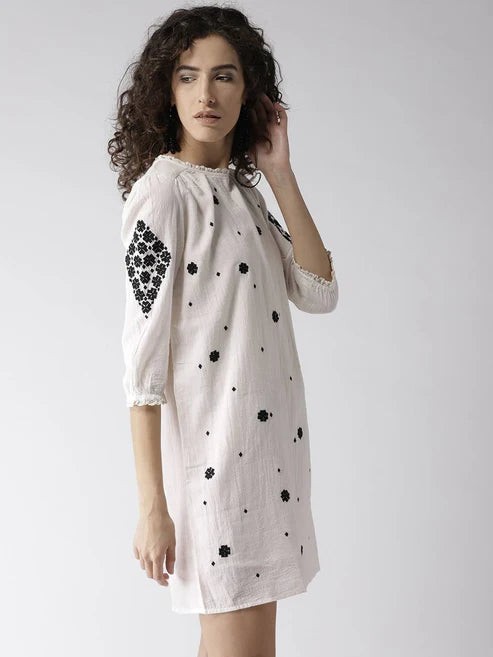 Scoup Combo of Embroidered Shift Dress and Rust V-Neck Front Pleat Detailed Dress
