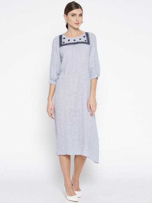 Scoup Blue Cotton Slub Yoke Embroidered Dress