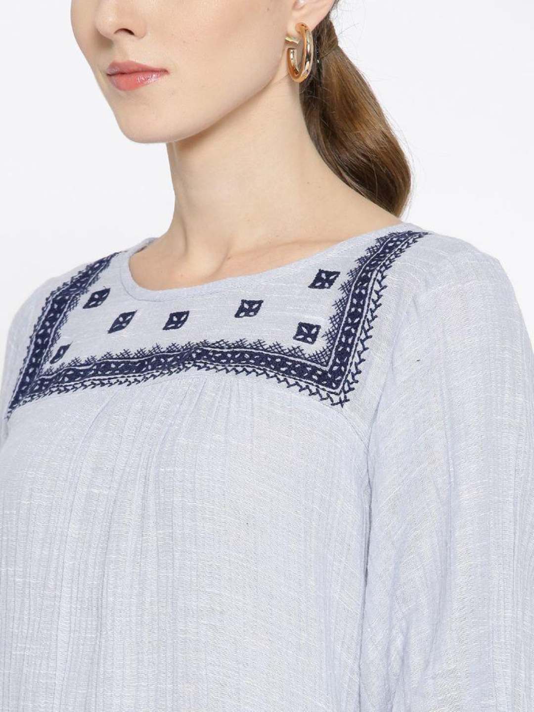 Scoup Blue Cotton Slub Yoke Embroidered Dress