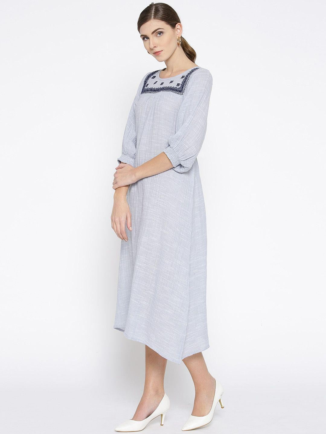 Scoup Blue Cotton Slub Yoke Embroidered Dress