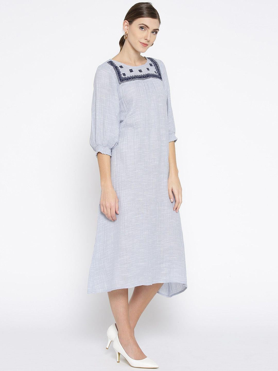 Scoup Blue Cotton Slub Yoke Embroidered Dress
